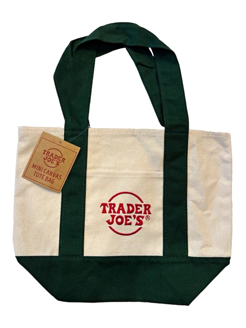 NWT, Trader Joe's Mini Canvas Tote Bag - Cream & Dark Green